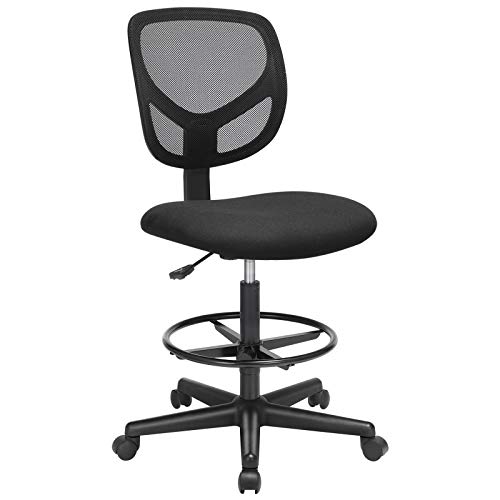 SONGMICS Silla de Malla Giratoria, Altura y Reposapiés Regulables, Silla de Dibujo Ergonómica, Silla de Oficina sin Apoyabrazos, Asiento de Tela, Carga máxima de 120 kg, Negro OBN15BK