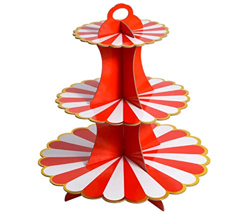 Soporte de 3 pisos para magdalenas para cupcakes de cartón de 3 pisos, para fiestas de bebé, soporte para tartas, soporte de cartón, soporte para muffins grande rojo