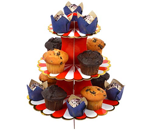 Soporte de 3 pisos para magdalenas para cupcakes de cartón de 3 pisos, para fiestas de bebé, soporte para tartas, soporte de cartón, soporte para muffins grande rojo