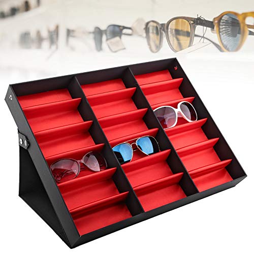 Soporte de exhibición de gafas Greensen, caja de almacenamiento de gafas de sol de 18 rejillas, organizador de joyas para gafas, caja de almacenamiento de gafas con protección contra el polvo, vitrina