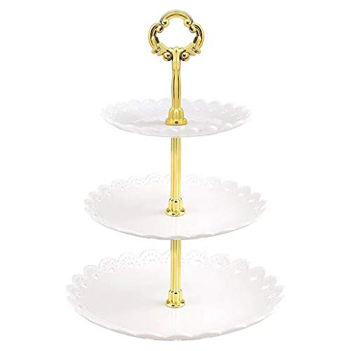 Soporte para postres genérico de 3 pisos, cesta para frutas, bandeja para joyas, bandeja, soporte para servir alimentos con gancho dorado para frutas, galletas, aperitivos, pan.