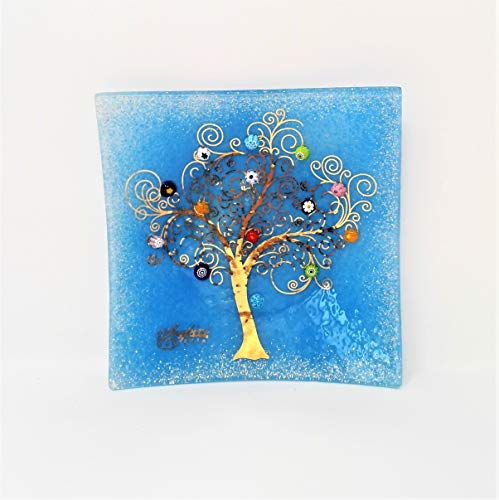 Sospiri Venezia - Bandeja de cristal de Murano, árbol de la vida, 15 x 15 cm, técnica de vitrofusión, murrina de Murano y lámina dorada, hecho a mano por artesanos venecianos