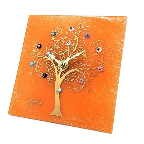 SOSPIRI VENEZIA - Reloj de mesa cuadrado de cristal de Murano, árbol de la vida, 9 x 9 cm, técnica vitrofusión, decoración murrina y hoja dorada, hecho a mano por artesanos venecianos