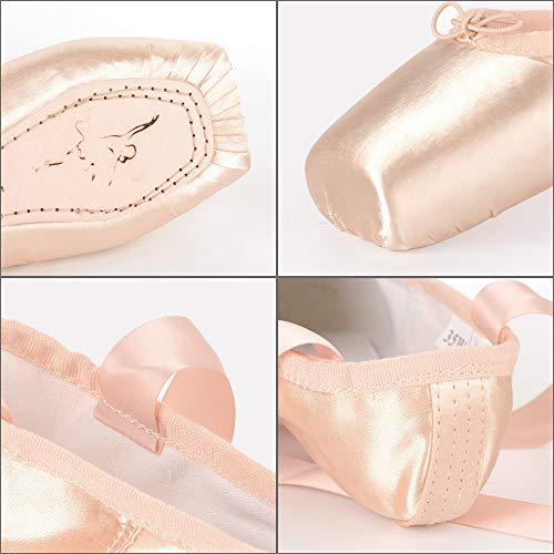 Soudittur Zapatillas de Ballet de Punta Pointe Zapatos Satén con Puntera de Gel de Silicona y Cintas para Niñas Rosa EU 35