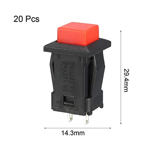 sourcing map 20 Pcs Interruptor de pulsador de bloqueo cuadrado rojo SPST NO Orificio de montaje de 12 mm