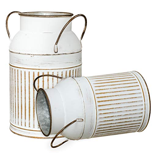 Soyizom francés País Casa de Campo Jarra Decorativa rústica Jarra Jarrón y Metal galvanizado Olla Vintage Batidora de Leche Lata de florero para Cocina Decoración de Boda, Blanco