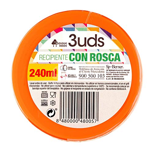 SP Berner - Taper contenedor de Comida y liquidos 240ml Redondo con Rosca, Libre de Bisfenol A (BPA) - 3 Unidades