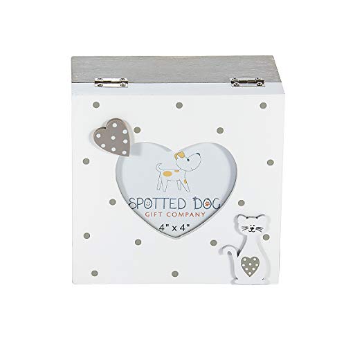 SPOTTED DOG GIFT COMPANY Caja de Madera con Tapa Decorada con Marco de Fotos en Forma de Corazón para Caja de Baratijas, Joyas y Recuerdos, Diseño de Gato Gris y Blanco, Regalo Originales para Mujer