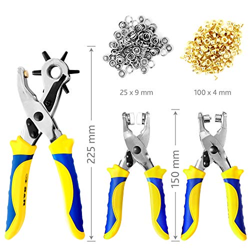 S&R Juego Alicate Sacabocados para Cuero y Remachadora de Ojales (con 100 Ojales de 4 mm) + Alicate de Botónes Rapidos (con 25 botónes de 9mm). Punzones de: 2, 2.5, 3, 3.5, 4, 4.5 mm Linea Meister.