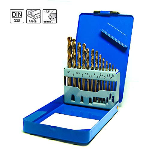 S&R Juego de brocas HSS COBALTO Rectificadas para metal 1,5-6,5 mm, 13 unidades, DIN 338, acero aleado con cobalto, corte tipo C según DIN 1412, 135 ° Caja metálica