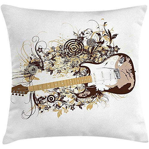 SSHELEY Funda de Almohada para Guitarra, composición Sucia de círculos concéntricos y Hojas florecientes, Funda de Almohada Cuadrada Chocolate y