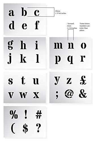 Sténcil Plantillas de Letras Alfabeto/simbolos - 4 cm de alto - 6 hojas de 200 x 148MM - Roman en minúsculas