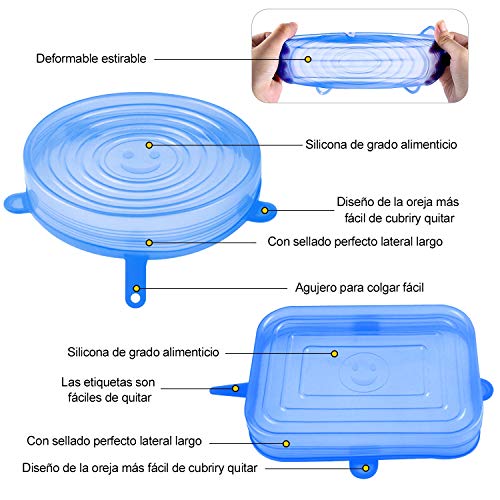 StillCool Tapas de Silicona Reutilizable, 12PZS Tapas Elásticas Sin BPA Redondas y Rectángulo con Buen Sellado para Alimentos Tazas Boles y Tarros en Lavavajillas Microondas y Refrigerador - Azul