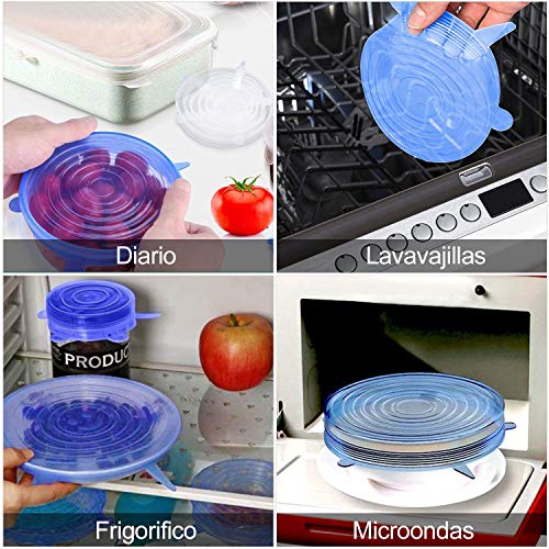 StillCool Tapas de Silicona Reutilizable, 12PZS Tapas Elásticas Sin BPA Redondas y Rectángulo con Buen Sellado para Alimentos Tazas Boles y Tarros en Lavavajillas Microondas y Refrigerador - Azul