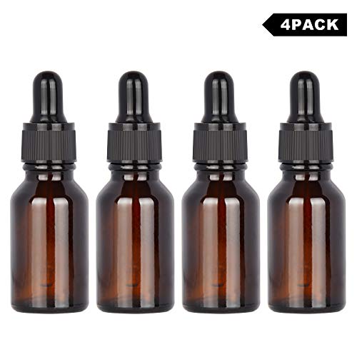 StonyLab 15ml (0.5 oz) 4-Pack Frasco Gotero de Vidrio, Botella Cuentagotas de Vidrio Vacío Marrón con Vidrio Cónico, Tapón Interno y Etiqueta, para Fragancias de Aromaterapia de Aceites Esenciales