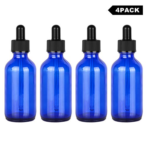 StonyLab 60ml (2 oz) 4-Pack Frasco Gotero de Vidrio, Botella Cuentagotas de Vidrio Vacío Azul con Vidrio Cónico y Etiqueta, para Fragancias de Aromaterapia de Aceites Esenciales