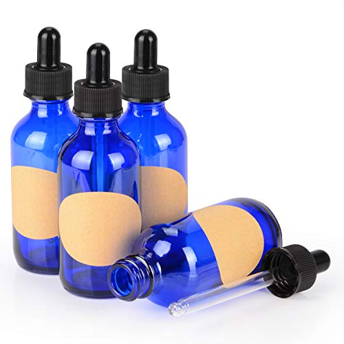 StonyLab 60ml (2 oz) 4-Pack Frasco Gotero de Vidrio, Botella Cuentagotas de Vidrio Vacío Azul con Vidrio Cónico y Etiqueta, para Fragancias de Aromaterapia de Aceites Esenciales