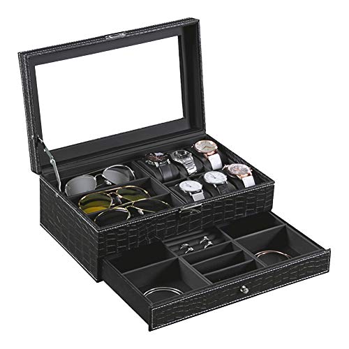 St.Oswalds Caja para Guardar 6 Relojes Hombre Joyero Estuche Organizador 3 Gafas Gemelos Anillos Joyas con Llave Negro