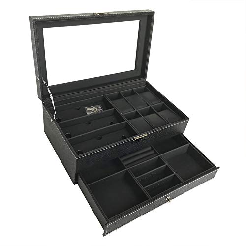 St.Oswalds Caja para Guardar 6 Relojes Hombre Joyero Estuche Organizador 3 Gafas Gemelos Anillos Joyas con Llave Negro