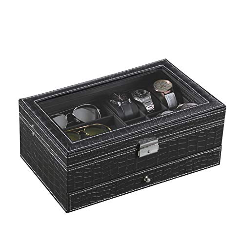 St.Oswalds Caja para Guardar 6 Relojes Hombre Joyero Estuche Organizador 3 Gafas Gemelos Anillos Joyas con Llave Negro