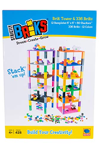 Strictly Briks - Classic Bricks - Set de Ladrillos para Construir una Torre - 12 Bases de 15 x 15 cm - 100 % Compatible con Todas Las Grandes Marcas de Ladrillos - 12 Colores - 336 Piezas