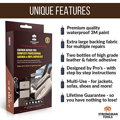 Strongman Tools | Pro Leather and Vinyl Repair Kit, No Heat, Quick Dry, Simple 7 Step Instructions, Match Any Color, Car Seats, Sofas, Bags, Shoes, Jackets, Boat Seats