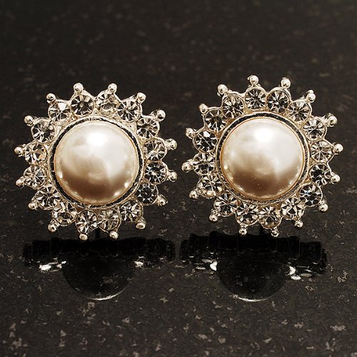 Studs nieve blanco arte perla y brillantes (plateado) -2 cm Diámetro