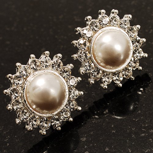 Studs nieve blanco arte perla y brillantes (plateado) -2 cm Diámetro