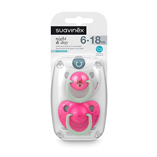 Suavinex, Pack 2 Chupetes Nocturnos para bebés 6-18 meses Con Anilla Luminiscente Tetina Anatómica de Silicona Brilla en la Oscuridad, Rosa