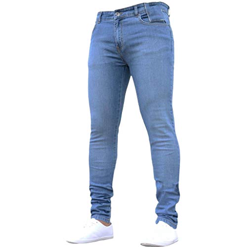 Subfamily Pantalón Slim Denim de Color Liso para Hombre, Pure Color Denim Cotton Vintage Wash Hip Hop Pantalones de Trabajo Jeans Pantalones Azul L