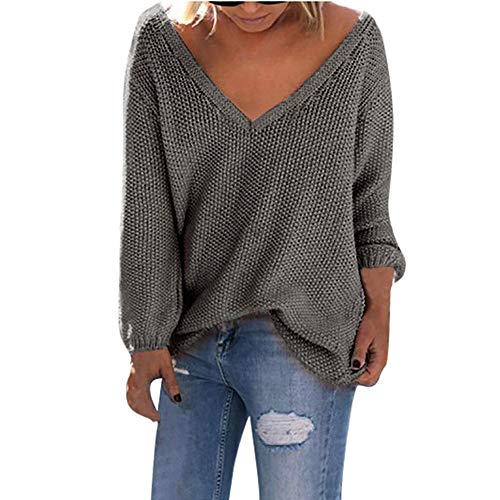 Suéter Sueltas Mujer Invierno Tops Manga Larga Escote V Pulóver Cómodo Suave Suéter Cálido Casual Moda Sweater Elegante Ropa Adolescente Fiesta(Gris Oscuro,L)