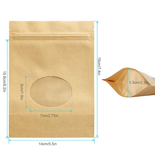 SumDirect 50Pcs Kraft bolsa papel con cierre Zip, reutilizable de bolsa de pie con ventana transparente y muesca del rasgón del lacre para guardar, galleta, alimentos secados, aperitivos (14 x 19 cm)