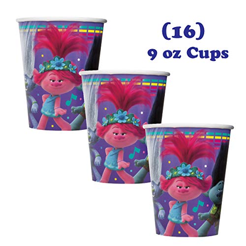 Suministros de fiesta de cumpleaños con tema de Trolls – sirve 16 – Mantel de mesa, platos, vasos, servilletas, velas