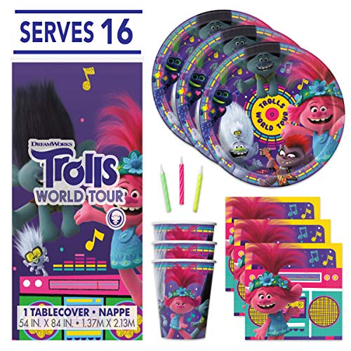 Suministros de fiesta de cumpleaños con tema de Trolls – sirve 16 – Mantel de mesa, platos, vasos, servilletas, velas