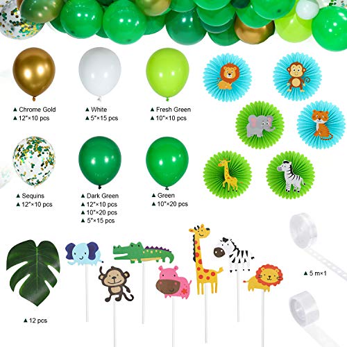 Suministros de Fiesta de Tema de Safari en Jungla Incluyes Guirnalda de Globos de Selva Verde Abanico Colgante de Papel Animal de Selva Topper de Magdalena Hojas de Palma Verde para Cumpleaños