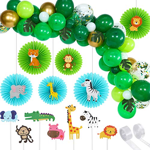 Suministros de Fiesta de Tema de Safari en Jungla Incluyes Guirnalda de Globos de Selva Verde Abanico Colgante de Papel Animal de Selva Topper de Magdalena Hojas de Palma Verde para Cumpleaños