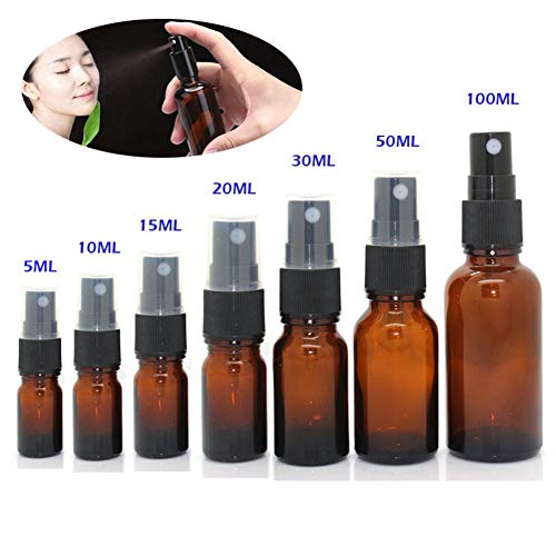 Suneste 5 botellas de 5 ml de spray de vidrio ámbar con pulverizador negro de niebla fina vacía para aceites esenciales, aromaterapia, perfumes, fragancia, líquido químico, Plastic Sprayer, 5 ml