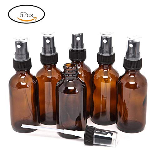 Suneste 5 botellas de 5 ml de spray de vidrio ámbar con pulverizador negro de niebla fina vacía para aceites esenciales, aromaterapia, perfumes, fragancia, líquido químico, Plastic Sprayer, 5 ml