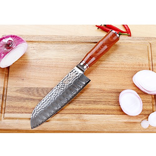 Sunlong 7"Cuchillo Santoku clásico con Filo Hueco Hoja Japonesa VG10 Cuchillo Chef de Acero de Damasco con Alto Contenido de Carbono en Palisandro SL-DK1047R