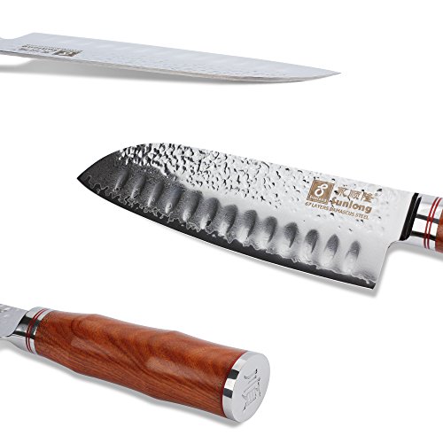 Sunlong 7"Cuchillo Santoku clásico con Filo Hueco Hoja Japonesa VG10 Cuchillo Chef de Acero de Damasco con Alto Contenido de Carbono en Palisandro SL-DK1047R