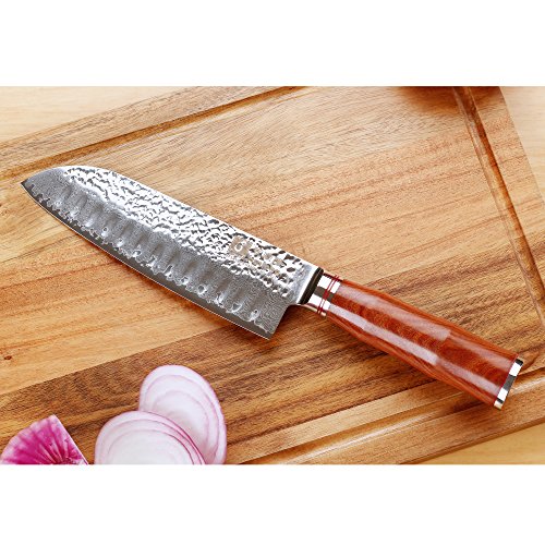 Sunlong 7"Cuchillo Santoku clásico con Filo Hueco Hoja Japonesa VG10 Cuchillo Chef de Acero de Damasco con Alto Contenido de Carbono en Palisandro SL-DK1047R