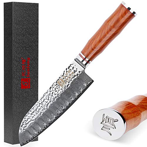 Sunlong 7"Cuchillo Santoku clásico con Filo Hueco Hoja Japonesa VG10 Cuchillo Chef de Acero de Damasco con Alto Contenido de Carbono en Palisandro SL-DK1047R