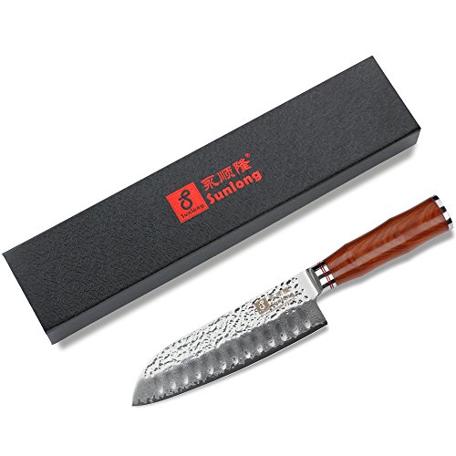 Sunlong 7"Cuchillo Santoku clásico con Filo Hueco Hoja Japonesa VG10 Cuchillo Chef de Acero de Damasco con Alto Contenido de Carbono en Palisandro SL-DK1047R