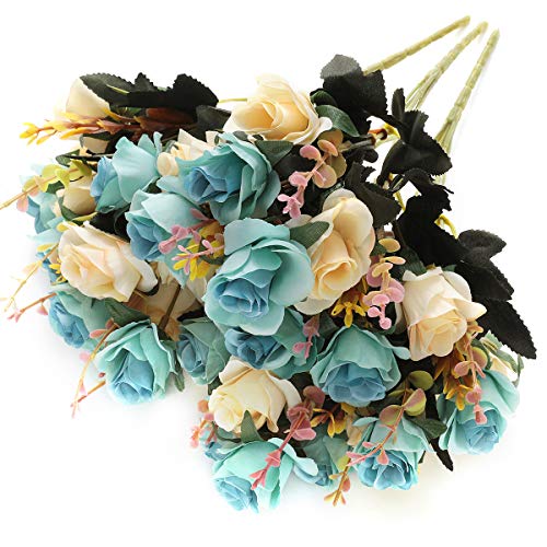 SUNNEGO Flores Artificiales,Flores Artificiales Decorativas Falsas Flores de Seda para el Ramo de Novia, Bodas,Rosas Azules Falsa decoración 6 Rama 12 Cabezas decoración (Azul, 3)