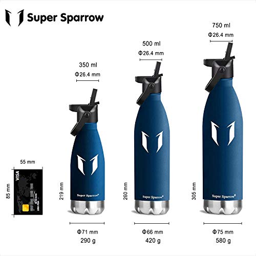 Super Sparrow Botella de Agua aislada al vacío de Acero Inoxidable, diseño de Pared Doble - 500ml - Sin BPA Gorra Deportiva con Gorra estándar - para Correr, Gimnasio, Yoga, Ciclismo