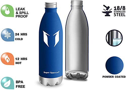 Super Sparrow Botella de Agua aislada al vacío de Acero Inoxidable, diseño de Pared Doble - 500ml - Sin BPA Gorra Deportiva con Gorra estándar - para Correr, Gimnasio, Yoga, Ciclismo