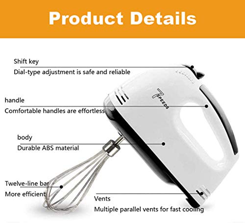 SUQ Batidora de Mano Eléctrica Batidor portátil Ligero de 7 velocidades para Pastel de Cocina batido de Comida con Crema de Huevo - 2*batidores, 2*Ganchos para Masa,Inoxidable