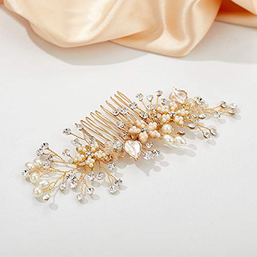 SWEETV Perla Rhinestone Boda Peine Pinza Para El Cabello Perno De Pelo Hecho A Mano, Dorado