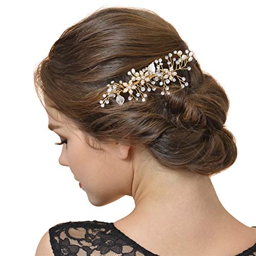 SWEETV Perla Rhinestone Boda Peine Pinza Para El Cabello Perno De Pelo Hecho A Mano, Dorado