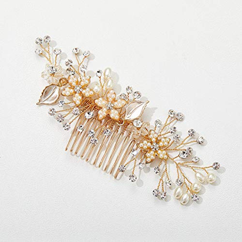 SWEETV Perla Rhinestone Boda Peine Pinza Para El Cabello Perno De Pelo Hecho A Mano, Dorado